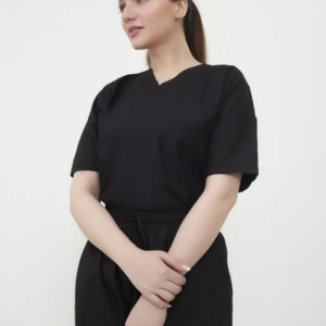 100% polyester black scrub top front view