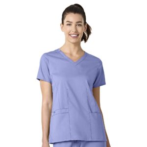 women's light blue V-neck scrub top with snap buttons
