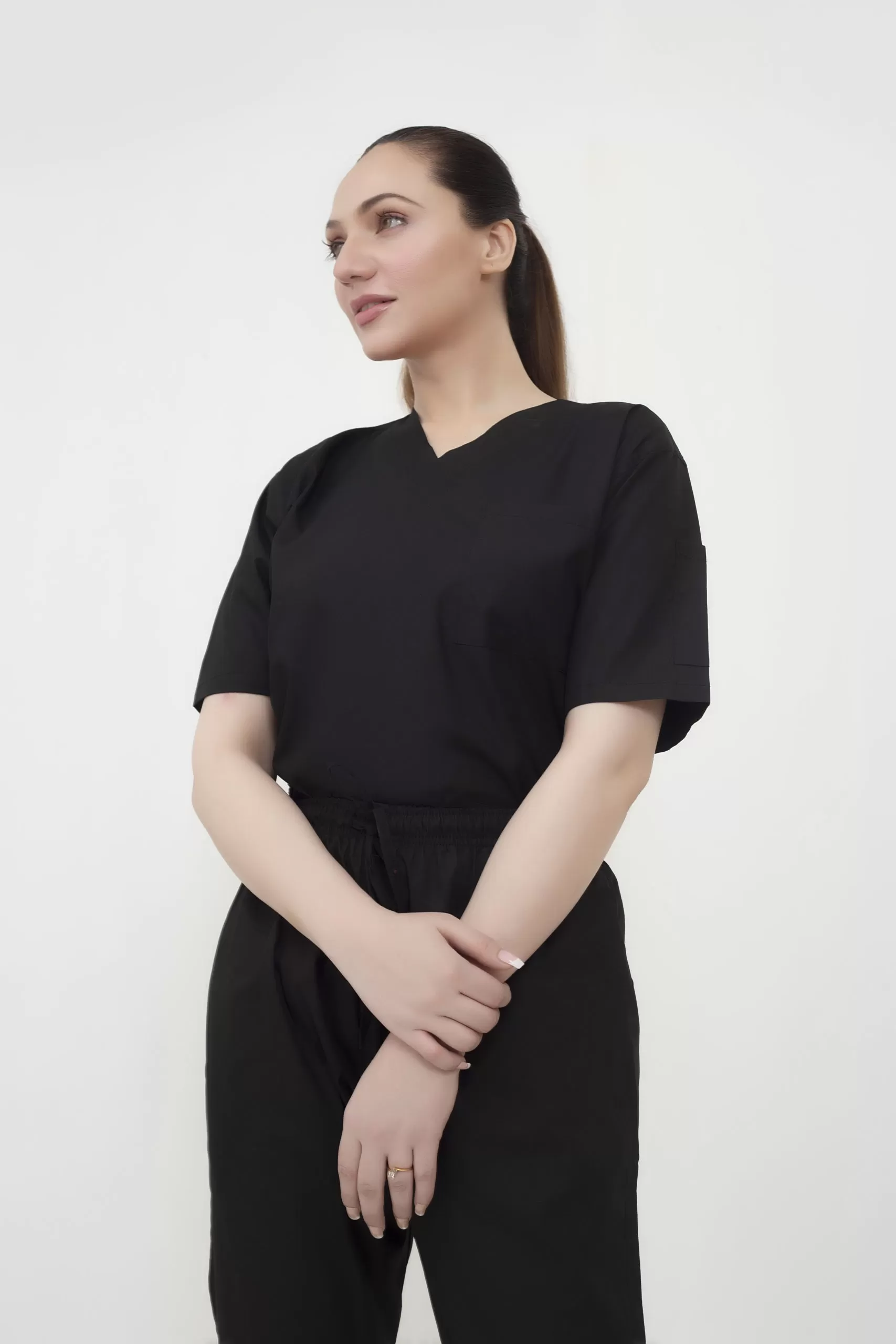 100% polyester black scrub top front view