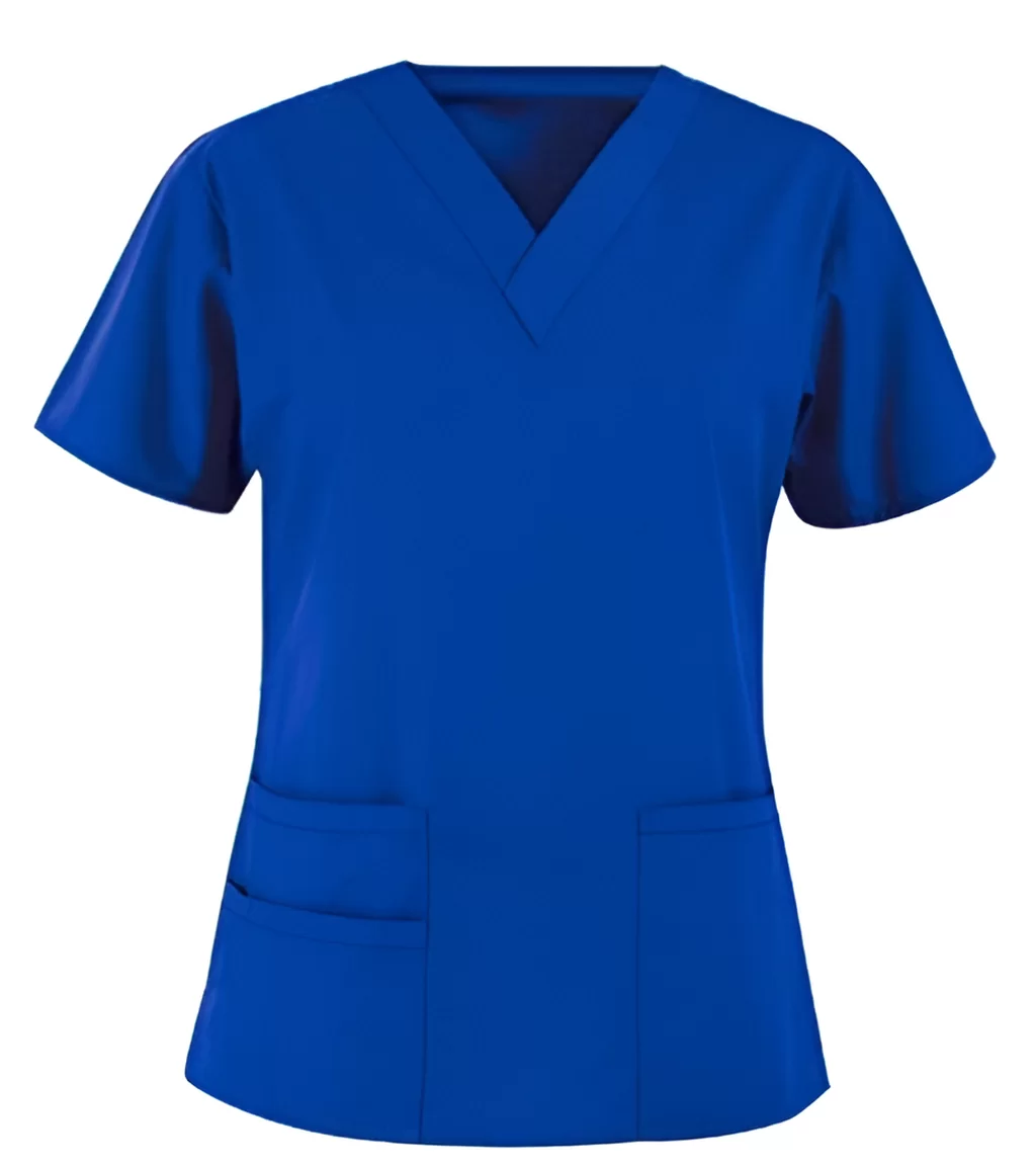 unisex royal blue V-neck scrub top with 3 pockets