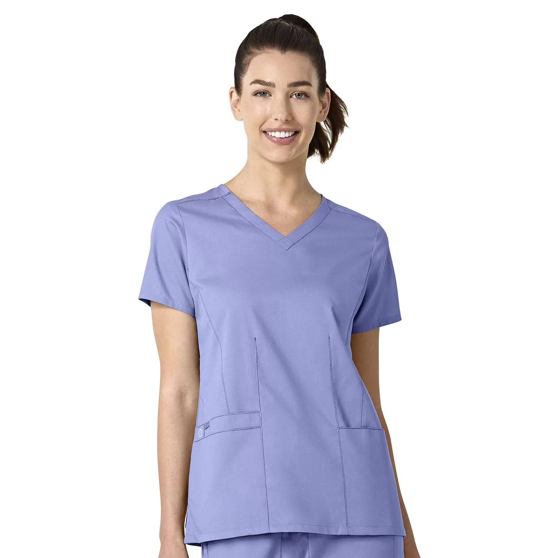 Microfiber Stretch Women’s Scrub Top – Front Open V-Neck with Snap Buttons half Sleeve & 2 Pockets women's light blue V-neck scrub top with snap buttons