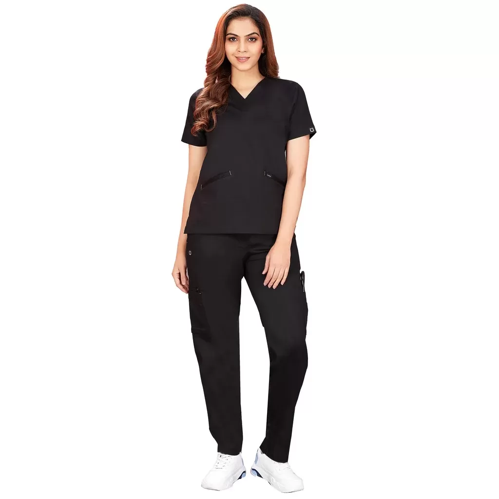Microfiber Women`s Scrub Top & bottom with 4 Pocket half sleeve black microfiber scrubs for women