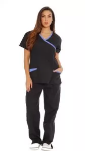 Stretchable Women`s Scrub Top & Bottom Mock Wrap with 5 Pocket Solid Half Sleeve