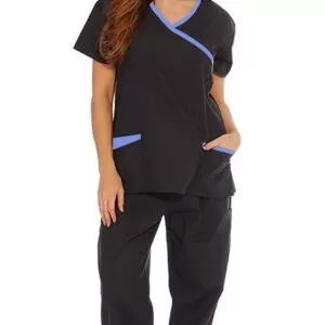 Stretchable Women`s Scrub Top & Bottom Mock Wrap with 5 Pocket Solid Half Sleeve